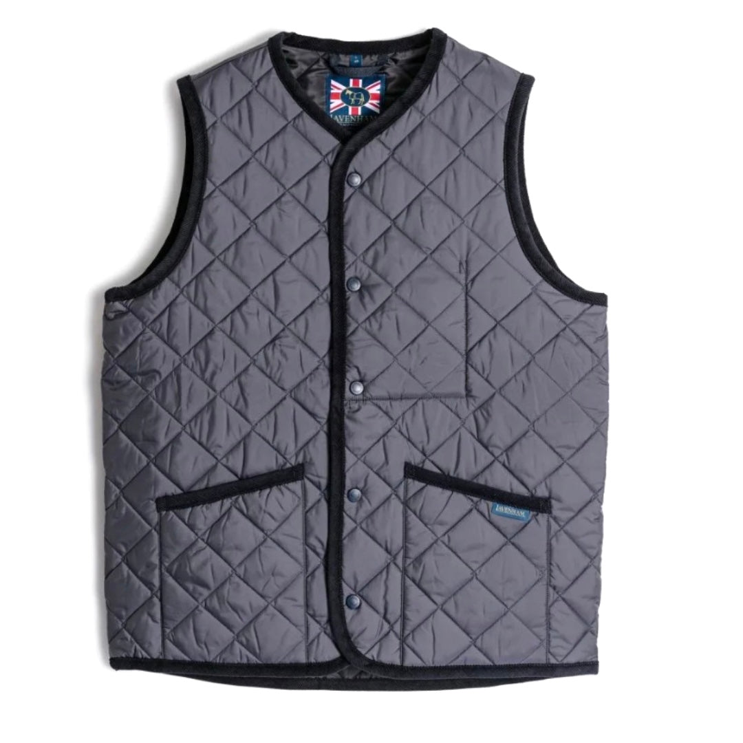 Quilted gray vest with black accents on a white background