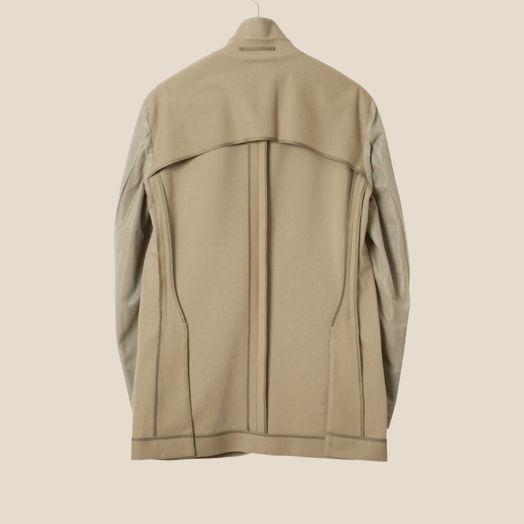 Beige Kamakura cotton stretch blazer jacket shown on a hanger, highlighting its tailored fit and smooth fabric texture.