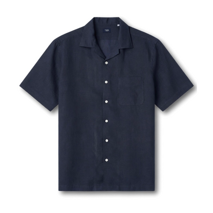 Kamakura Belgian linen short sleeve shirt in navy, lightweight fabric with a classic collar and button front.