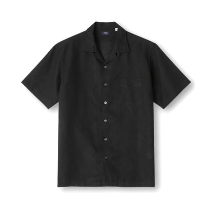 Kamakura Belgian linen short sleeve shirt in black, featuring a relaxed fit and classic collar, displayed on a hanger.