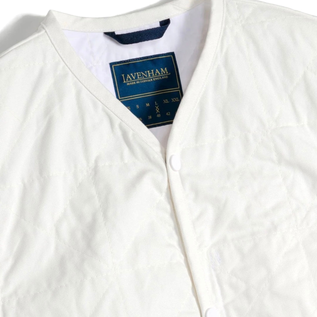 Lavenham Thornham Gilet in white cotton, a stylish outerwear piece with a quilted design and classic collar.