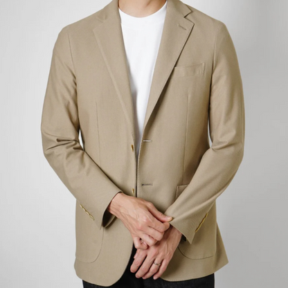 Kamakura beige cotton stretch blazer jacket with a tailored fit and classic design, displayed on a neutral background.