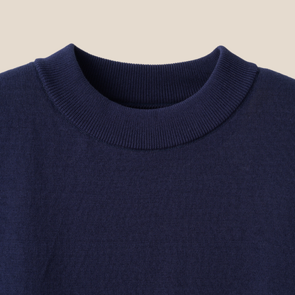 Mooncastle navy ice cotton mock neck short sleeve T-shirt displayed flat, showcasing its smooth fabric and clean design.