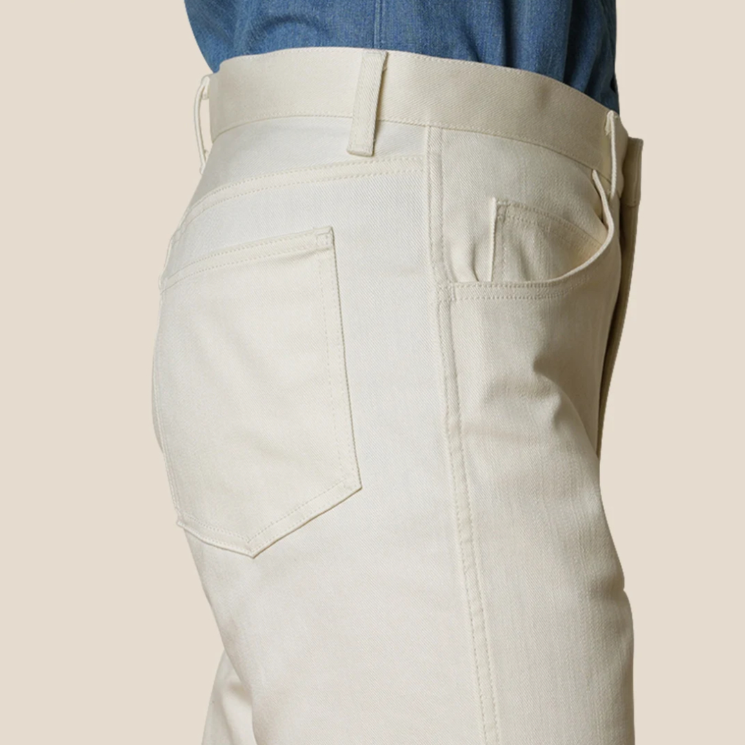 Kamakura off-white denim 5-pocket pants with classic design and visible stitching, displayed flat against a white background.