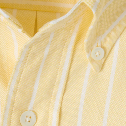Kamakura Vintage IVY reverse stripe yellow shirt with a classic collar and long sleeves, displayed on a hanger.
