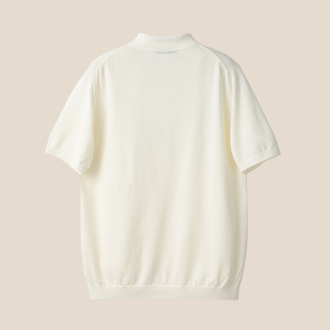 Mooncastle Ice Cotton Polo shirt in off-white with short sleeves, featuring a classic polo collar and subtle stitching details.