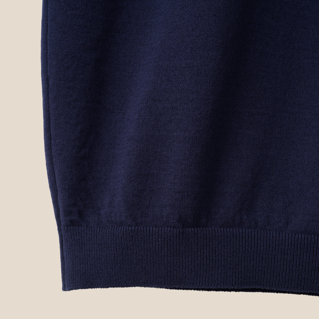 Mooncastle navy ice cotton mock neck short sleeve t-shirt displayed flat, showing the smooth fabric and classic design.