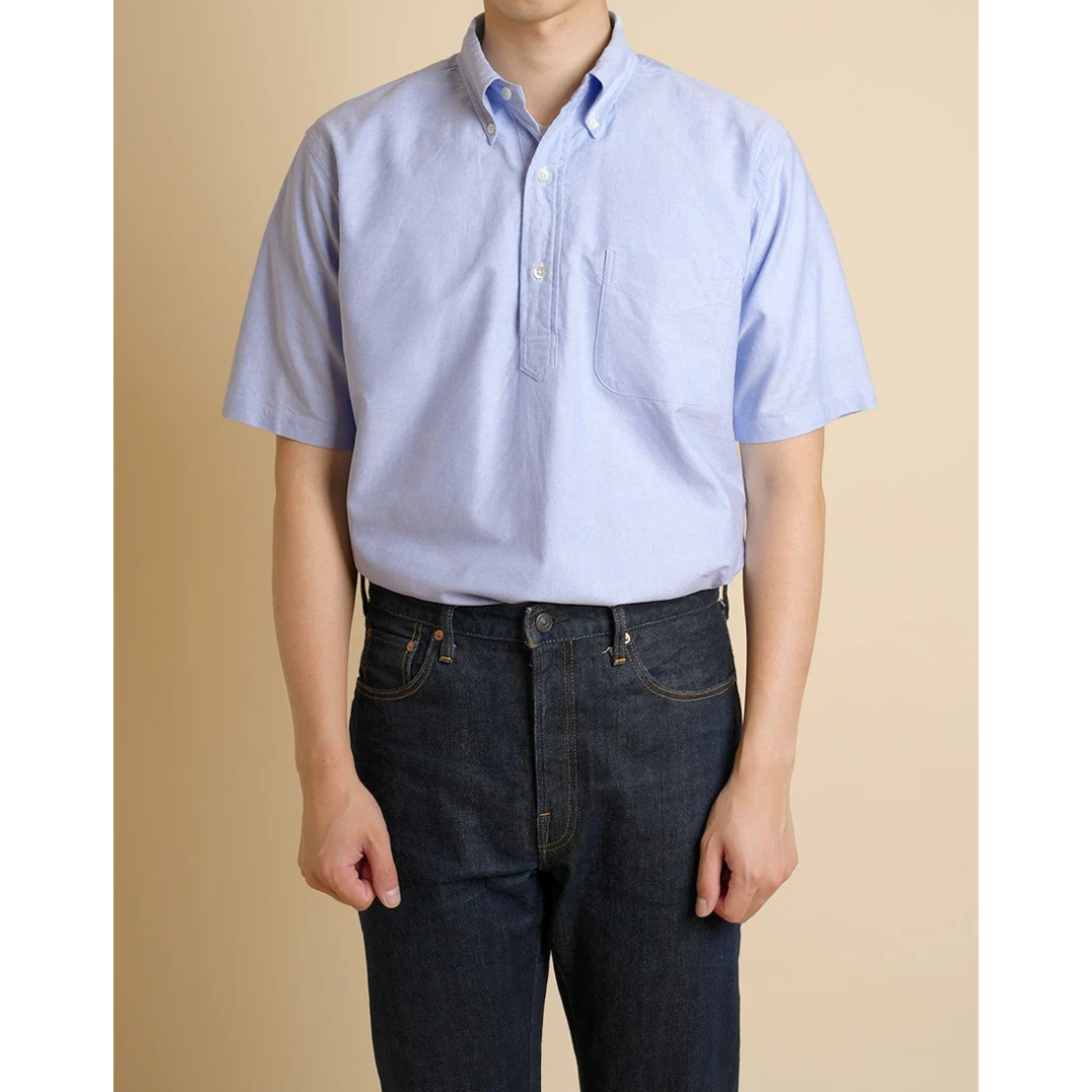 Kamakura blue short sleeve pop-over shirt displayed flat, showcasing its casual design and lightweight fabric.