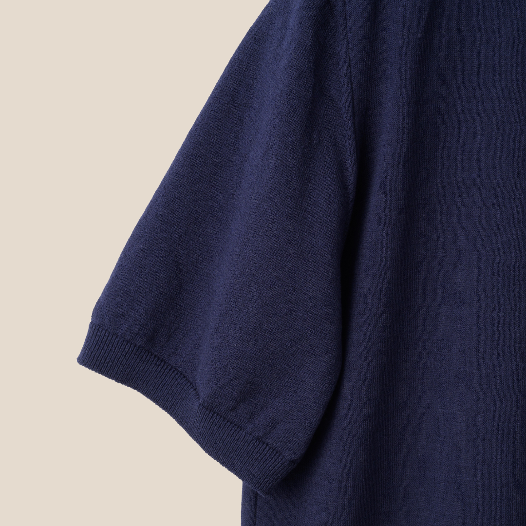 Navy Mooncastle ice cotton mock neck short sleeve T-shirt with a fitted design and soft fabric, displayed flat.