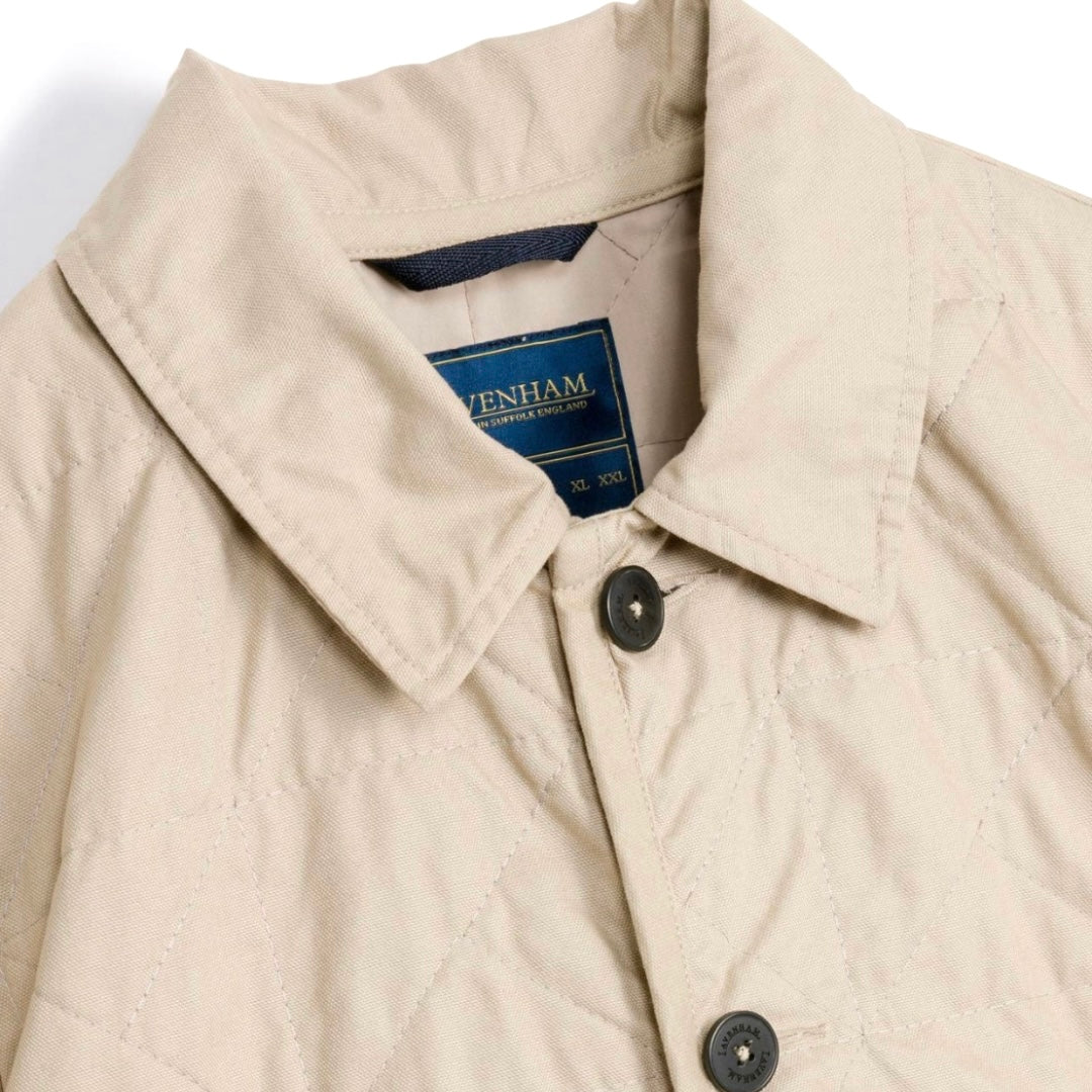 Lavenham unwadded worker jacket in stone color, outerwear with a rugged, casual design and multiple front pockets.