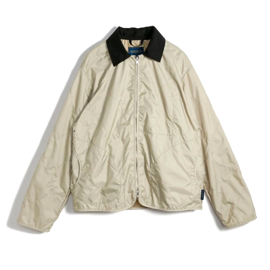 Beige jacket with black collar on a white background