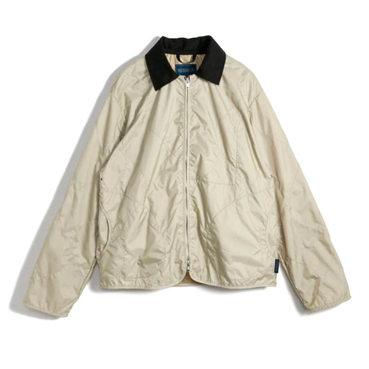 Beige jacket with black collar on a white background
