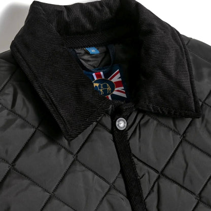 Black quilted jacket with a brand logo on the collar against a white background