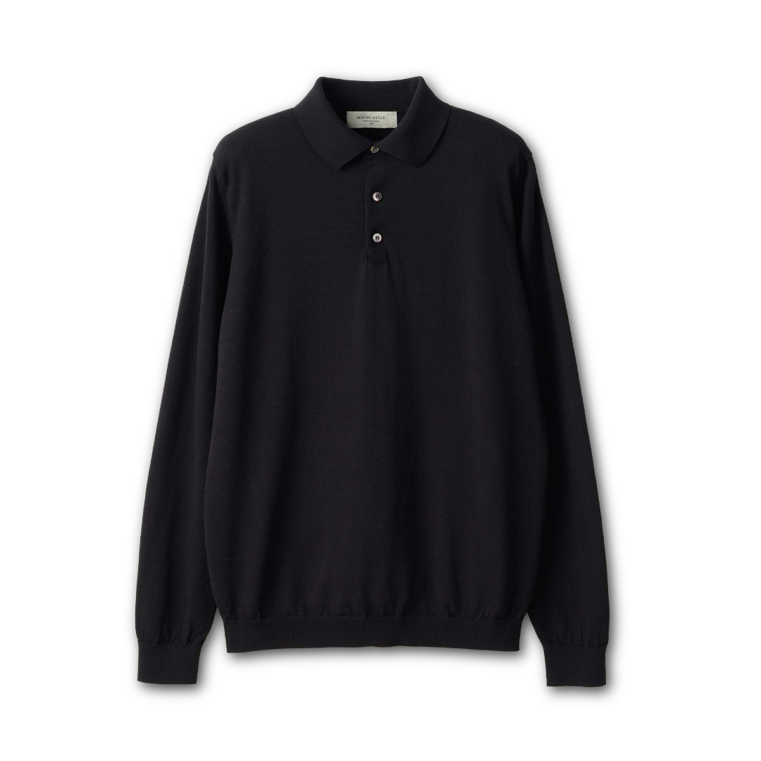 Black Mooncastle ice cotton long sleeve polo shirt with a classic collar and button placket, displayed on a plain background.
