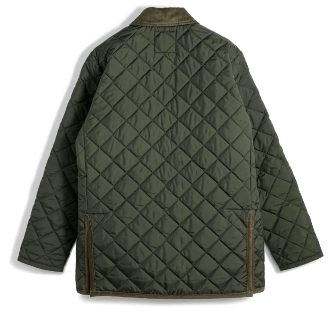 Green quilted jacket on a white background