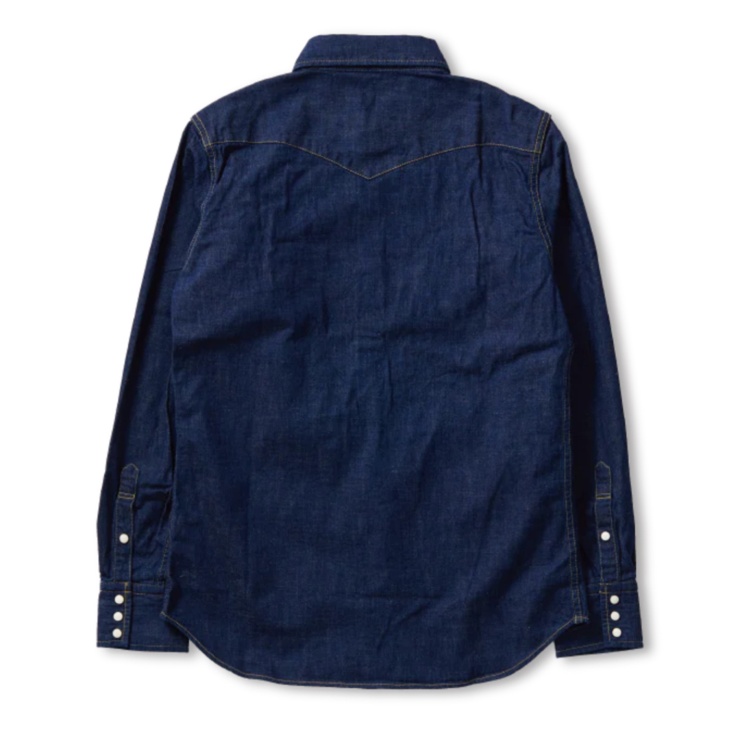Back view of a blue denim shirt on a white background