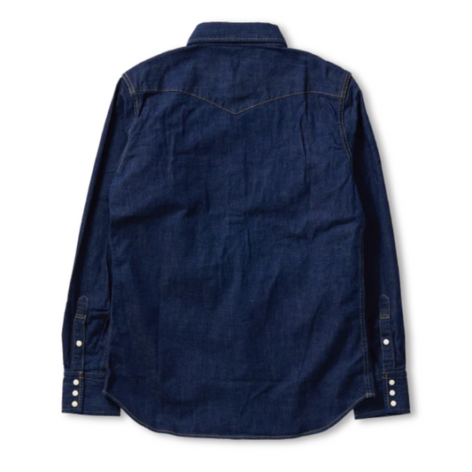 Back view of a blue denim shirt on a white background